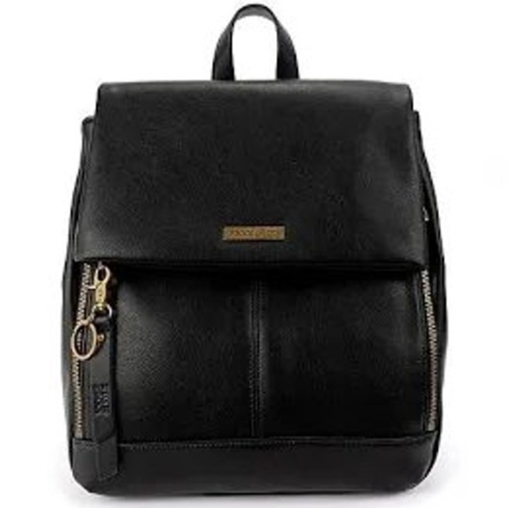 NWOT: Frye and Co Black Faux Leather Backpack Gold Hardware Snap Closure Bag - Picture 2 of 11